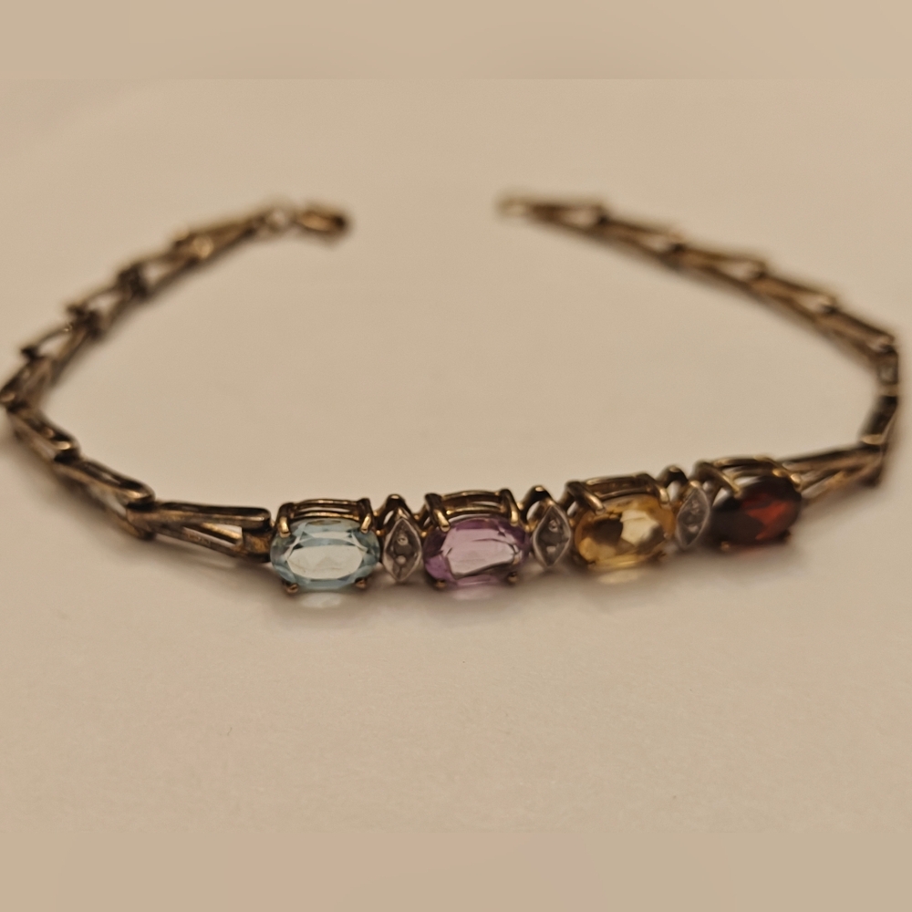 Vintage Multi Colored Stones Gold Over Silver 925 Bracelet